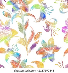 Seamless pattern multicolored flowers lilies. Vector illustration. hand drawn ornamental background.