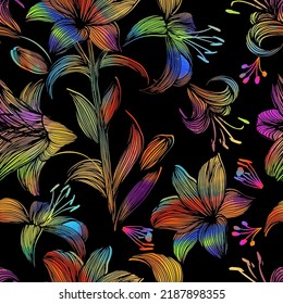 Seamless pattern multicolored flowers lilies on a black background Vector illustration. hand drawn ornamental background.
