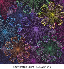 Seamless pattern of multicolored flowers on a purple background