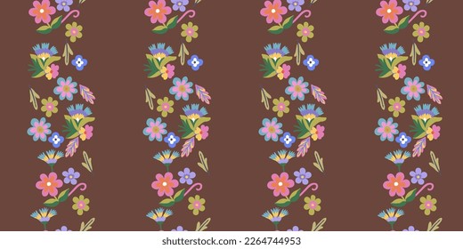 Seamless pattern of multicolored flowers on a brown background. Cute floral aesthetic composition for wallpaper, print, poster, postcard, phone cases, banner, fabric, textiles.