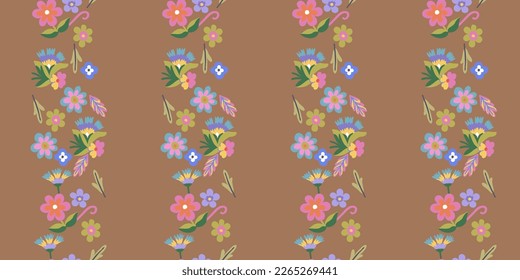 Seamless pattern of multicolored flowers on a light brown background. Cute floral aesthetic composition for wallpaper, print, poster, postcard, phone cases, banner, fabric, textiles.