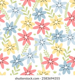 Seamless pattern with multicolored flowers on a white background. Vector floral illustration background. Flat illustration.