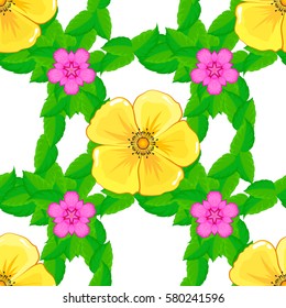 Seamless pattern with multicolored flowers, spring motif. Vector illustration with many cute flowers on a white background.
