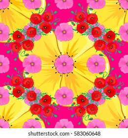 Seamless pattern with multicolored flowers, spring motif. Vector illustration with many cute flowers on a magenta background.