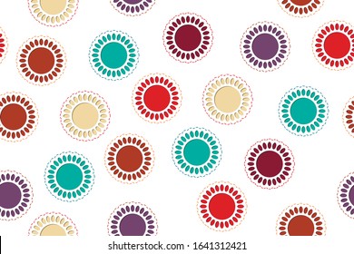 Seamless pattern. Multicolored flowers or suns on a white background with shadow and embroidered stitches on the outline