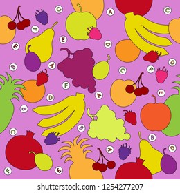 Seamless pattern with multicolored fruit silhouettes and vitamins tablets in violet backdrop