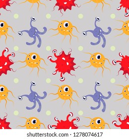 Seamless pattern multicolored Funny cartoon monsters alien or bacterium