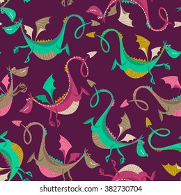 Seamless pattern with multi-colored funny Dragons. Background for cards and invitations. Vector illustration