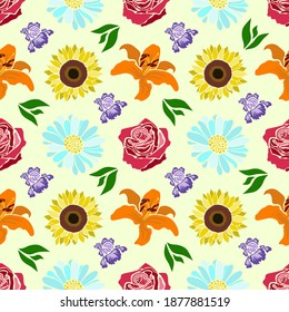Seamless pattern multicolored garden flowers (lily, sunflower, rose, iris, chamomile). Vector illustration.