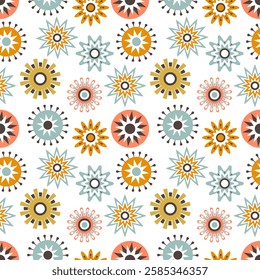 Seamless pattern with multicolored geometric flowers on a white background. Decorative abstract design, perfect for backgrounds, textiles, wallpaper, scrapbooking.
