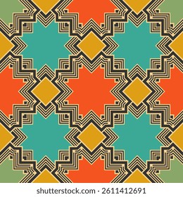 Seamless pattern with multicolored geometric ornament. Retro palette. Vector illustration