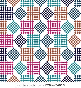 Seamless pattern with multicolored geometric shape square isolated on white background. Rainbow gingham plaid.