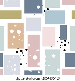 
Seamless pattern. Multicolored geometric shapes and paint spots. Ideal for fabrics, covers, cards, backgrounds, packaging