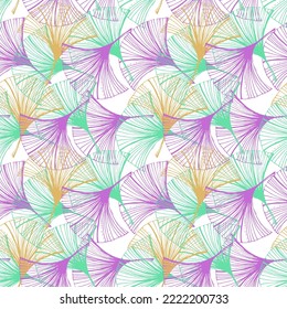 A seamless pattern of multicolored ginkgo leaves, hand-drawn in sketch style. Leaves at different angles and in different colors on a white background. Shape of leaves in the form of a duck's foot. 