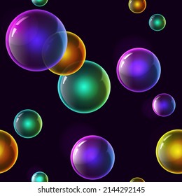 Seamless pattern with multicolored glass spheres on a black background. Futuristic design for web banners .Vector illustration

