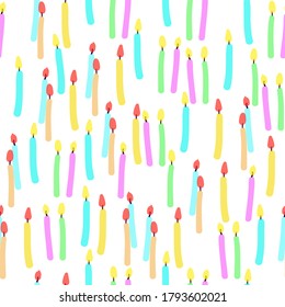 seamless pattern with multi-colored greeting candles. Hand-drawn, children's cartoon graphics for decoration of textile, Wallpaper or wrapping paper
