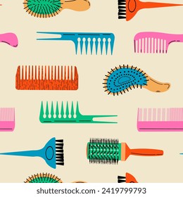 Seamless pattern with multi-colored hair combs on a beige background. Vector illustration. Concept of hair salon, barbershop.