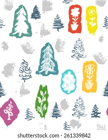 Seamless pattern with multicolored hand painted trees silhouettes and stains