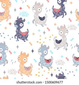 Seamless pattern with multicolored happy llamas on white background. Suitable for textile, packaging paper.

