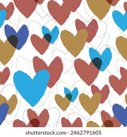 Seamless pattern. Multicolored hearts. Bright pattern for fabrics, packaging backgrounds.  Transparent Love Orange Romantic Wedding Background. 