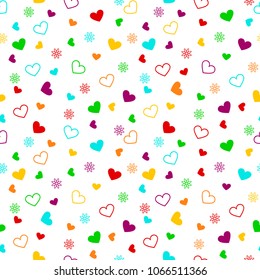 Seamless pattern with multicolored hearts on white background.
