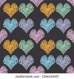 seamless pattern. Multicolored hearts on a gray background.