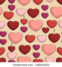 Seamless pattern with multicolored hearts on beige background