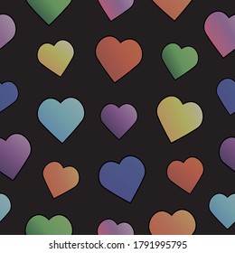 
Patrón sin foco de corazones multicolores sobre un fondo negro.
