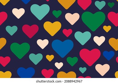 Seamless pattern of multicolored hearts on dark blue  background. Birthday, Valentine's Day, Christmas, New Year. Suitable for textiles, packaging, wrapping paper, postcards. Vector illustration	