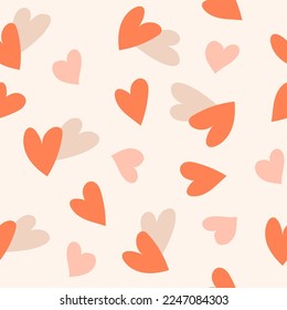 Patrón sin brillo con corazones multicolores sobre un fondo naranja. Gráficos vectoriales. Adecuado para el fondo de postales, carteles, impresión en telas, cubiertas.