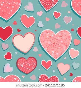 Patrón sin foco de corazones multicolores sobre un fondo verde. Fondo vectorial para envoltura de regalo, cubiertas e impresión. Ilustración vectorial.