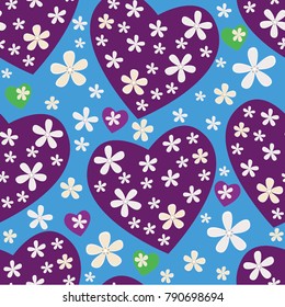 Seamless pattern from multicolored hearts with white flowers on a blue background