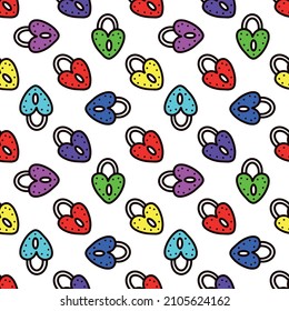 Seamless pattern with multicolored heart-shaped locks on a white background. Vector illustration. Pattern for Valentines Day 