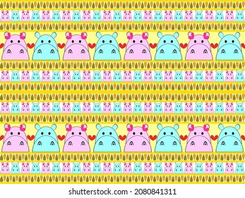 seamless pattern multicolored hippo cartoon character on yellow background
