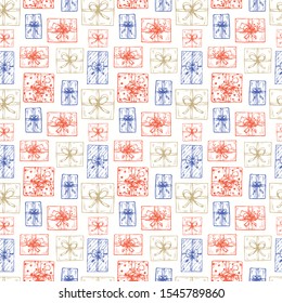 Seamless pattern with multicolored holiday boxes.