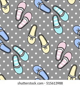 Seamless pattern with multicolored home slippers on dots background. Vector illustration.