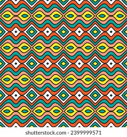 Seamless pattern with multi-colored horizontal ornament in the style of the 70s. Vector illustration