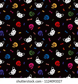 Seamless pattern. Multicolored human skulls and bones and white cat skulls on a black background. Ideal for Halloween.