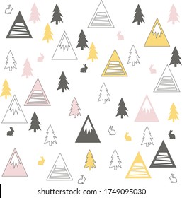 Seamless pattern of multi-colored huts, Christmas trees and hares, for children's fabrics, yarn, posters, wallpaper