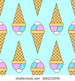 Seamless pattern with multi-colored ice cream balls in a cone on blue background. The concept of entertainment, cafe, candy shop, etc. Vector illustration