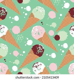 seamless pattern of multicolored ice cream in waffle cones. a flat pattern with textures forms a background with dessert. stock vector illustration. EPS 10.
