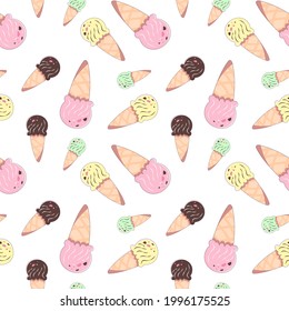 Seamless pattern with multicolored ice creams in waffle cones. Vector illustration on white background in cartoon style with stroke