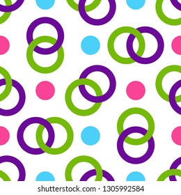 Seamless pattern of multicolored intertwining rings and balls. Transparent background. Vector image, eps 8