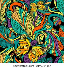 Seamless pattern multicolored irises with butterflies. Vector illustration
