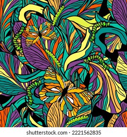Seamless pattern multicolored irises with butterflies. Vector illustration