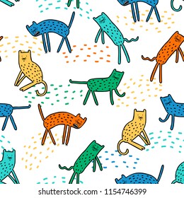 Seamless pattern - multi-colored kitten on a white background. Scandinavian style. Good for kids fabric, textile, nursery wallpaper. Bright colors.