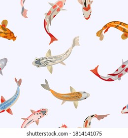 Seamless pattern with multi-colored Koi carps in the water. Vector illustration.
Artistic pond pattern with Japanese Koi fish. Underwater.
