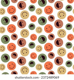 Seamless pattern of multicolored laughing retro faces of different sizes on a white background. Vector illustration for fun and happy designs. Smile, laugh, turn, crazy. Perfect for wallpaper, fabrics