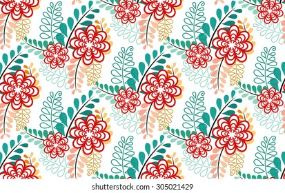 seamless pattern of multi-colored leaf and red sorted flowers look lovely in vintage style