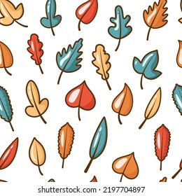 Seamless pattern of multicolored leaves. Background for poster or cover. Figure for textiles.
Simple childish cartoon flat style.
Cute doodle autumn leaves. Cozy autumn. Hello autumn.